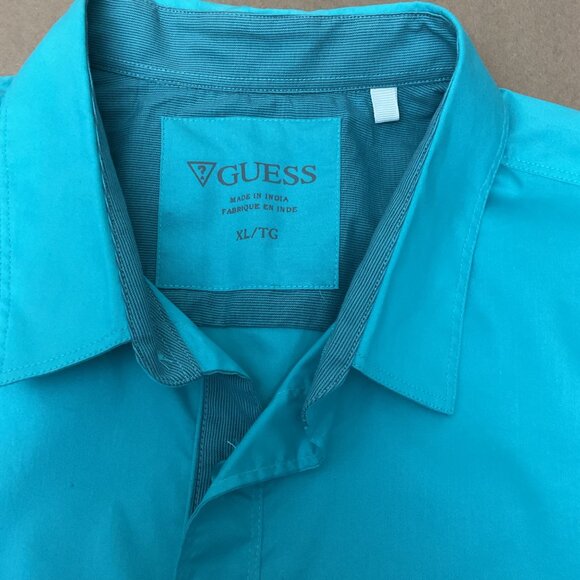 Guess Mens Turquoise Short Sleeve Button-Up Shirt XL With Chest Pocket - Picture 4 of 6